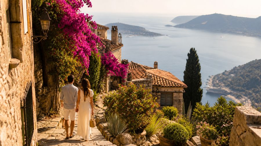 Ambiance romantique inspirée d'Èze avec ruelles de pierre, fleurs et vue sur la Méditerranée