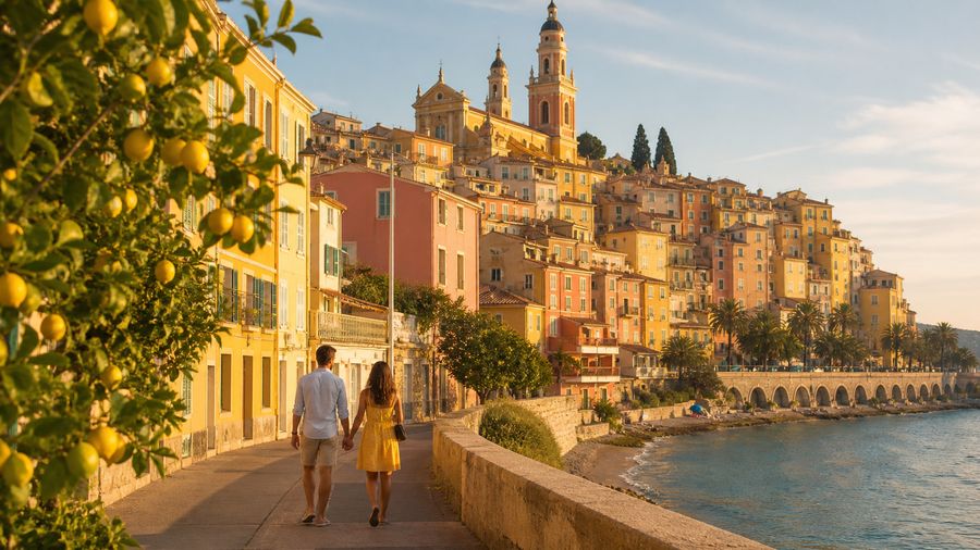 Ambiance romantique inspirée de Menton entre façades pastel, citronniers et promenade au bord de mer