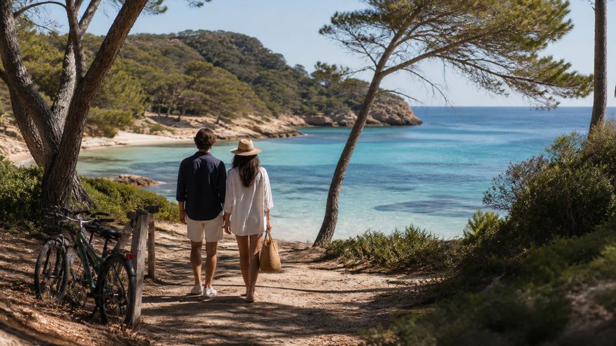 Ambiance romantique inspirée de Porquerolles avec pins, crique claire et chemin à vélo