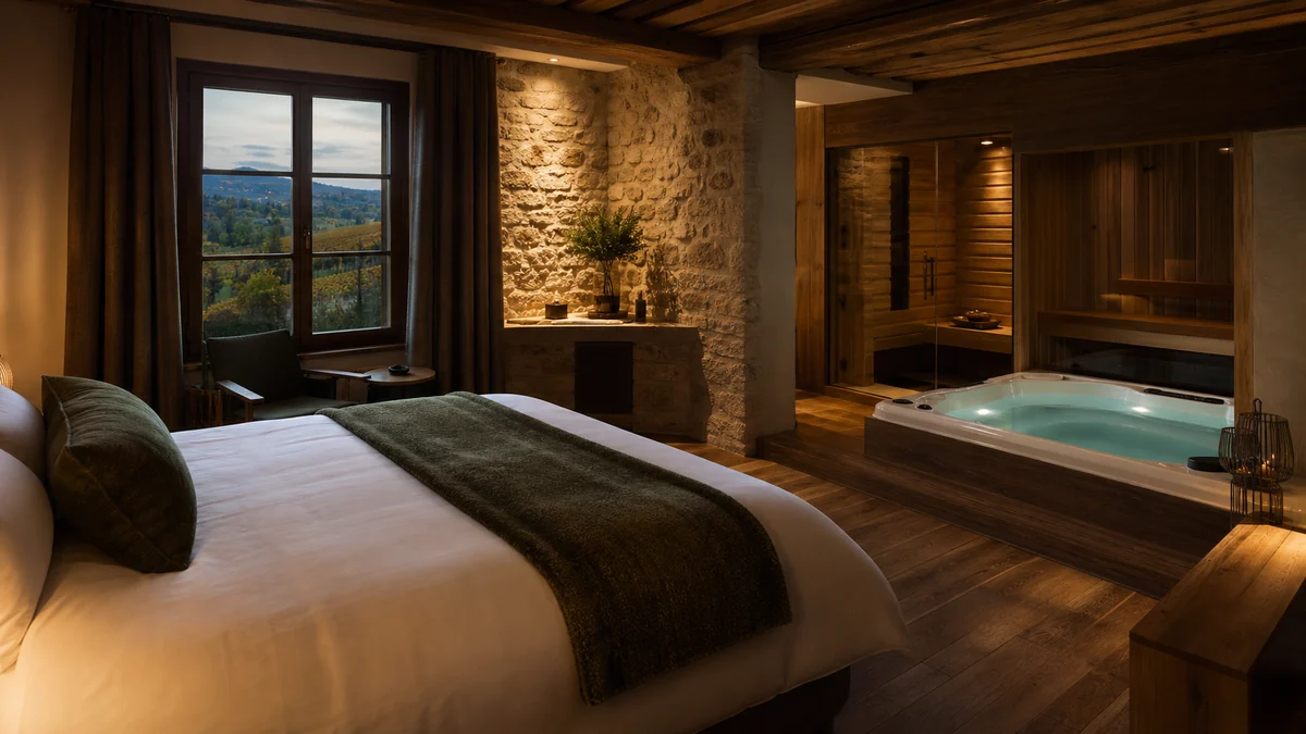 Loveroom avec jacuzzi et sauna dans une ambiance Bourgogne-Franche-Comté