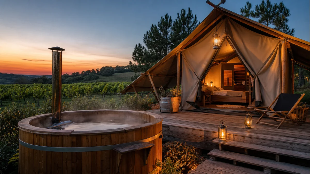 Tente lodge avec bain nordique dans les vignes de Nouvelle-Aquitaine