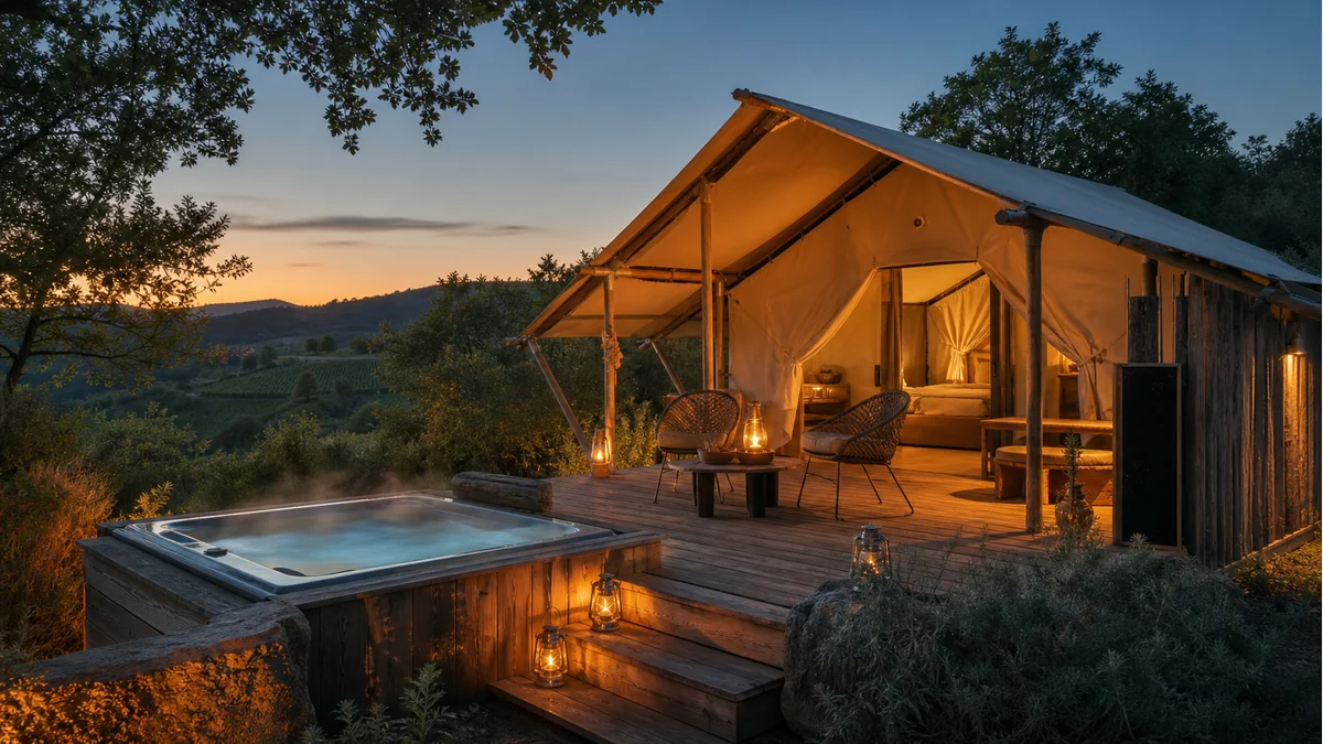 Tente lodge avec spa extérieur dans la campagne d’Occitanie