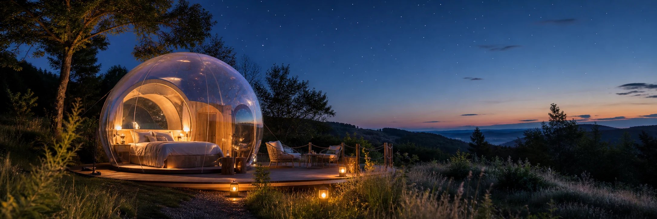 Bulle transparente en France avec terrasse et ciel étoilé