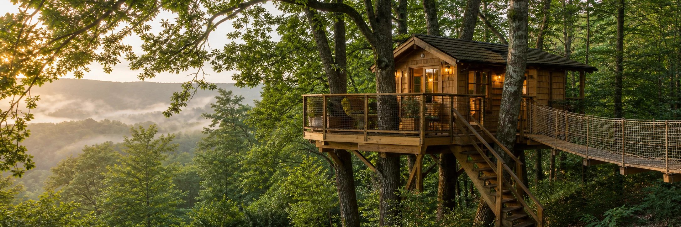 Cabane dans les arbres avec passerelle et accès sécurisé en forêt