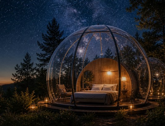 Bulle transparente installée dans les arbres pour une nuit insolite