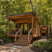 Cabane basse confortable sur pilotis avec accès simple en forêt