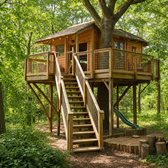 Cabane familiale dans les arbres avec escalier sécurisé