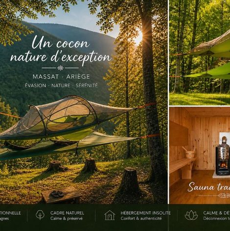 Tente suspendue sous les étoiles vue nature expérience en Ariège avec sauna